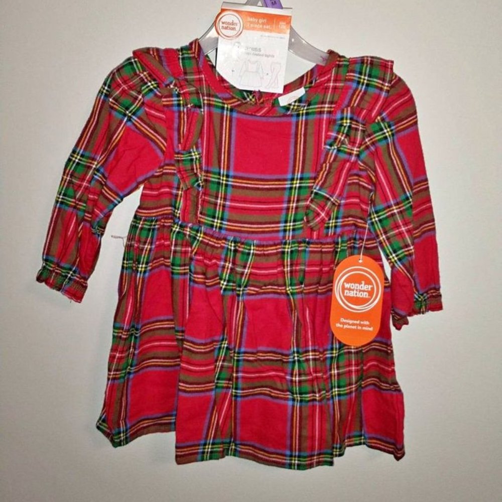 Wonder Nation baby girl 2 piece dress 12 Mnth red plaid dress black tights K-049